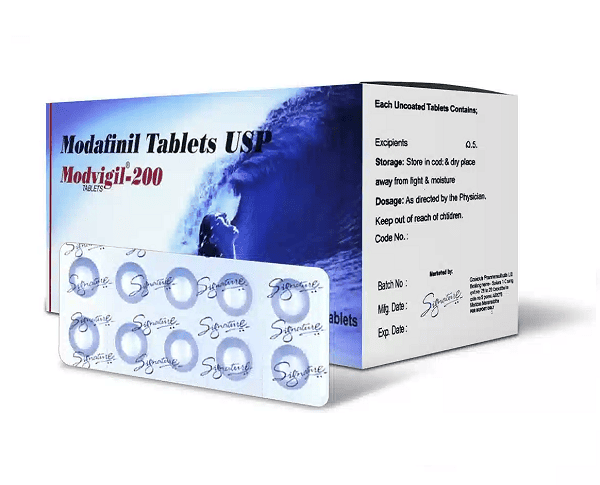 Modvigil 200 mg (Modafinil 200mg) 2 Modvigil 200 mg tablets containing Modafinil 200mg for wakefulness, focus, and daytime alertness