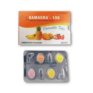 Kamagra Chewable 100mg blister pack, fruit-flavored Sildenafil soft tablets by Royalpharmcart for ED.