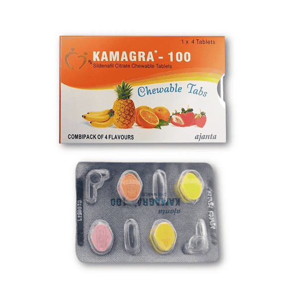 Kamagra Chewable 1 Kamagra Chewable 100mg blister pack, fruit-flavored Sildenafil soft tablets by Royalpharmcart for ED.