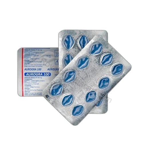 Aurogra 100 mg (Sildenafil 100 mg) 2 Aurogra 100 mg Sildenafil strip by Aurochem for ED treatment