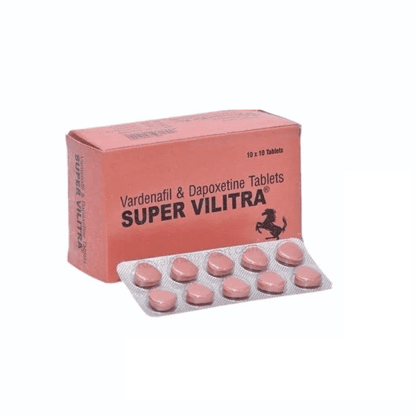 Super Vilitra (Vardenafil/Dapoxetine) 1 Super Vilitra 80 mg tablet strip showing uses for erectile dysfunction and premature ejaculation in men